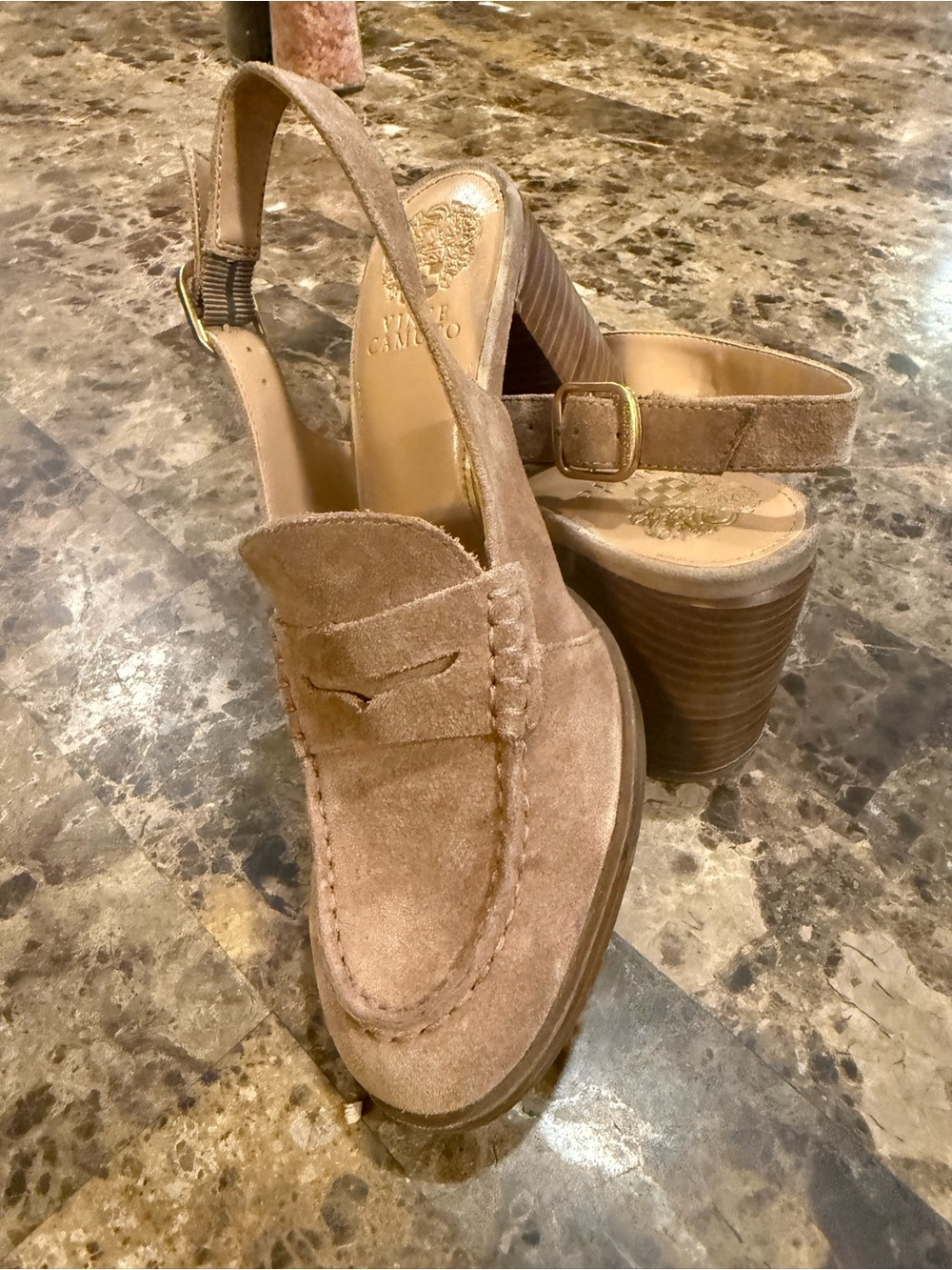 Vince Camuto Suede Slingback Loafer Heels in Taupe - Picture 5 of 5